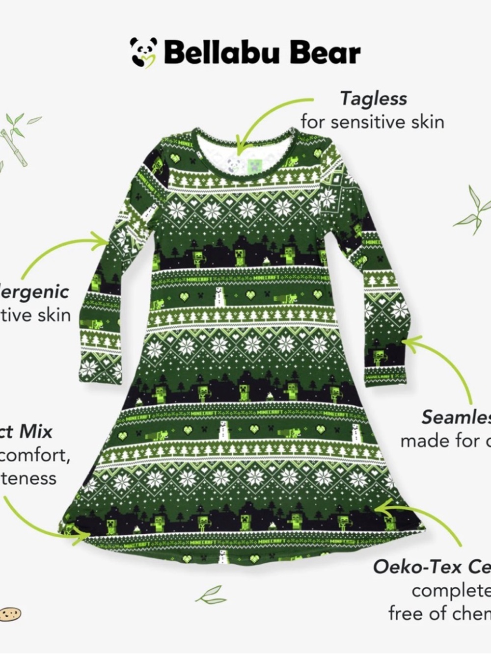Minecraft Creeper Holiday Bamboo Girls' Long Sleeve Dress Size 7/8